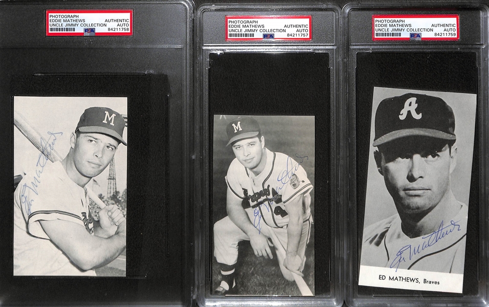 Lot of (3) Eddie Mathews Signed Team Issued and Jay Publishing Photos (1950s-60s) - All Appear Trimmed and Slabbed PSA Authentic 