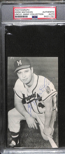 Lot of (3) Eddie Mathews Signed Team Issued and Jay Publishing Photos (1950s-60s) - All Appear Trimmed and Slabbed PSA Authentic 