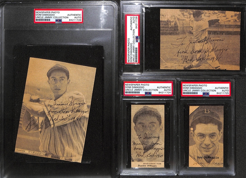 Lot of (4) Signed Dom DiMaggio Newspaper Clippings - PSA Authentic (3 Personalized to Jimmy)