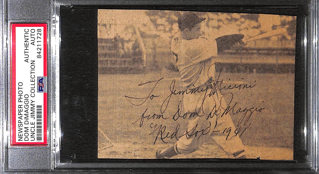 Lot of (4) Signed Dom DiMaggio Newspaper Clippings - PSA Authentic (3 Personalized to Jimmy)