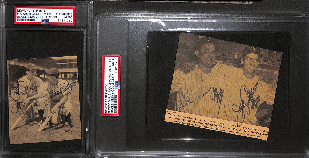Lot of (2) Yankees Dual Signed Newspaper Clippings (Rizzuto/Coleman and Woodling/Coleman)