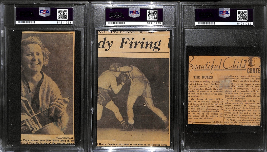 Lot of (3) Signed Baseball HOFer Newspaper Clippings - Gehringer, Grove, Ruffing (All PSA Authentic) - all in 4x7 PSA Holders
