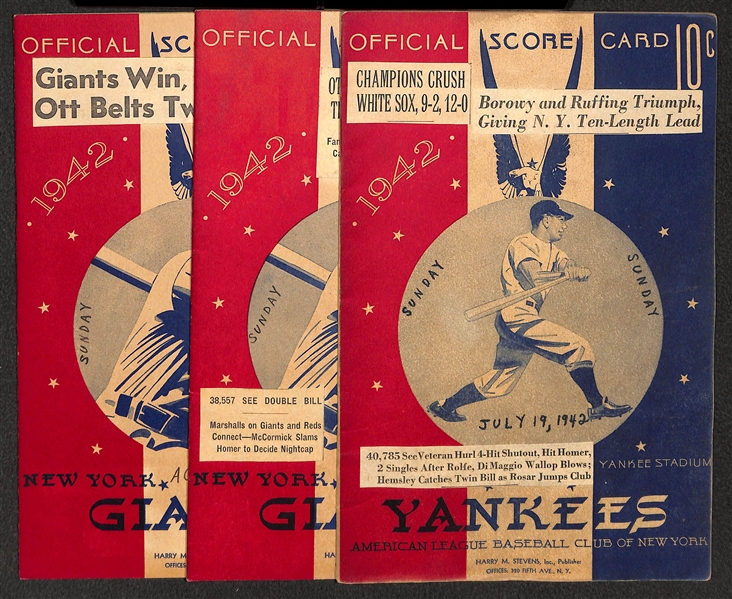 Lot of (3) Yankees 1942 Score Cards (w. 3 Ticket Stubs) & Affixed w. News Clippings - July 19, July 26, and August 2) 