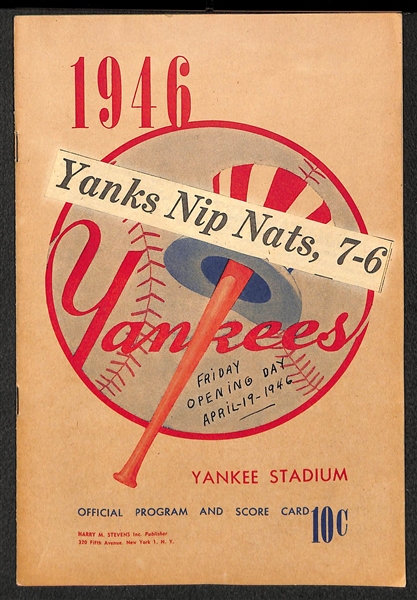 Rare 1946 Yankees Opening Day Game Score Card & Ticket Sub (News Clippings and Ticket Affixed in the Program) - April 19, 1946
