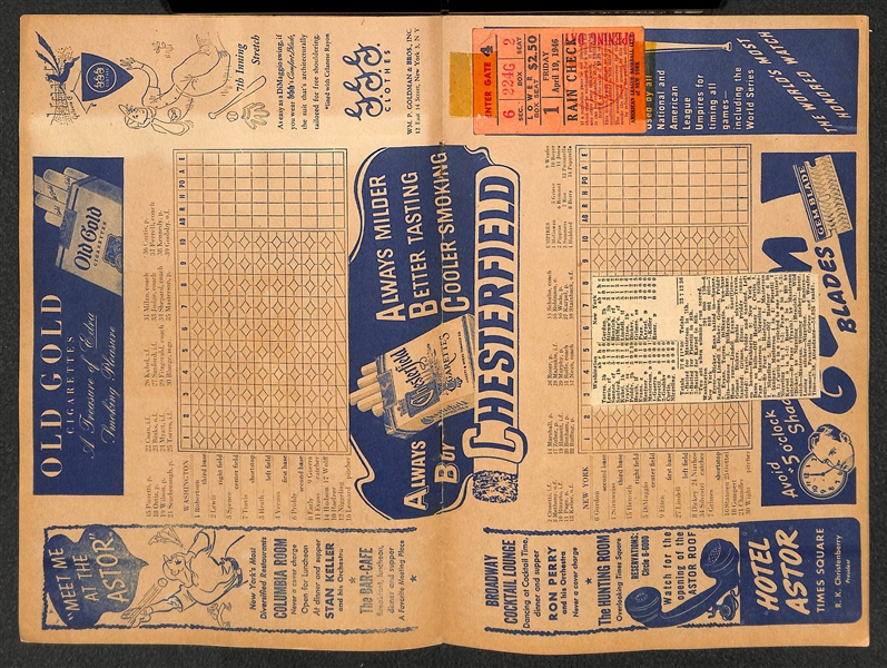 Rare 1946 Yankees Opening Day Game Score Card & Ticket Sub (News Clippings and Ticket Affixed in the Program) - April 19, 1946