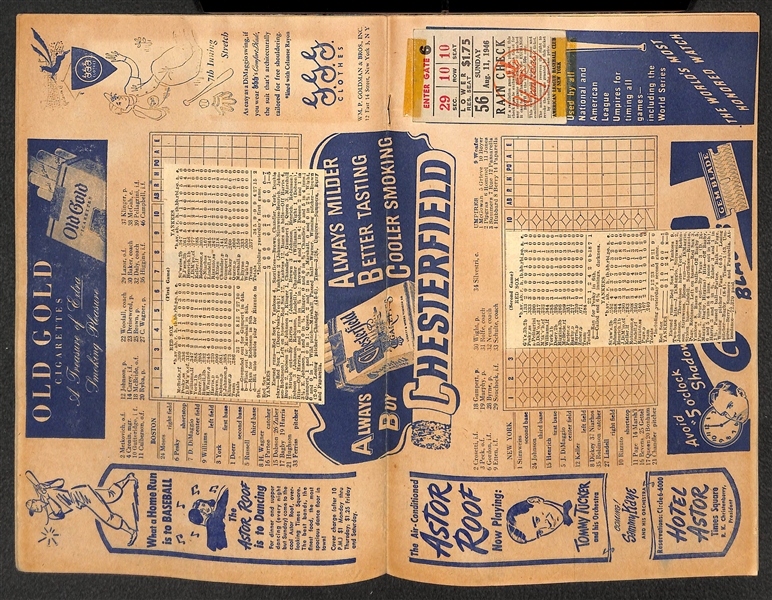 Lot of (2) Yankees 1946 Score Cards (w. Ticket Stubs to Both Game) & Affixed w. News Clippings - May 29, and August 11) 