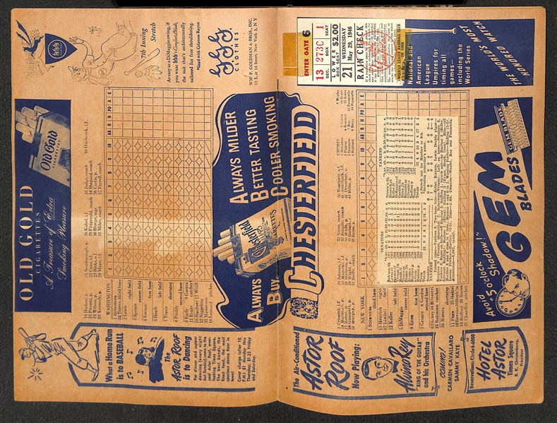 Lot of (2) Yankees 1946 Score Cards (w. Ticket Stubs to Both Game) & Affixed w. News Clippings - May 29, and August 11) 