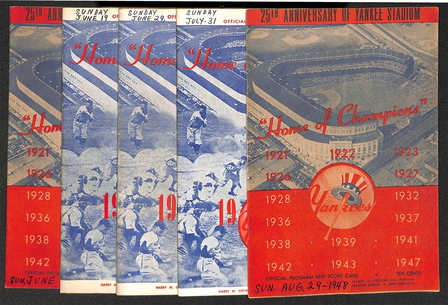 Lot of (5) Yankees 1948-1949 Score Cards (w. 1 Ticket Stub to Each Game) - 6/13/48, 8/29/48, 6/19/49, 6/26/49, 7/31/49