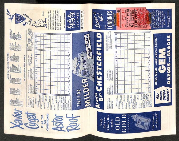 Lot of (5) Yankees 1949 Score Cards (w. 1 Ticket Stub to Each Game) - 8/7/49, 8/21/49, 9/7/49, 9/18/49, 10/1/49