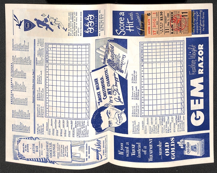 Lot of (7) Yankees 1950 Score Cards (w. 1 Ticket Stub to Each Game) - 5/7, 5/13, 5/14, 5/30, 6/4, 7/9, 8/27