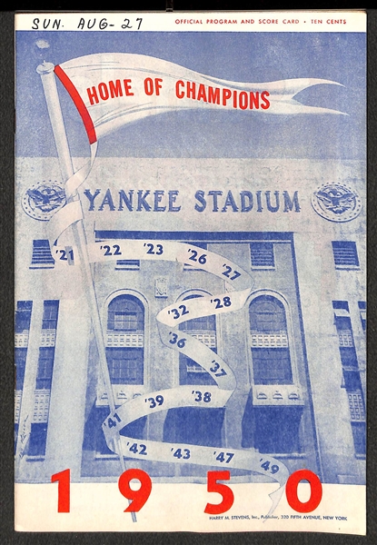 Lot of (7) Yankees 1950 Score Cards (w. 1 Ticket Stub to Each Game) - 5/7, 5/13, 5/14, 5/30, 6/4, 7/9, 8/27