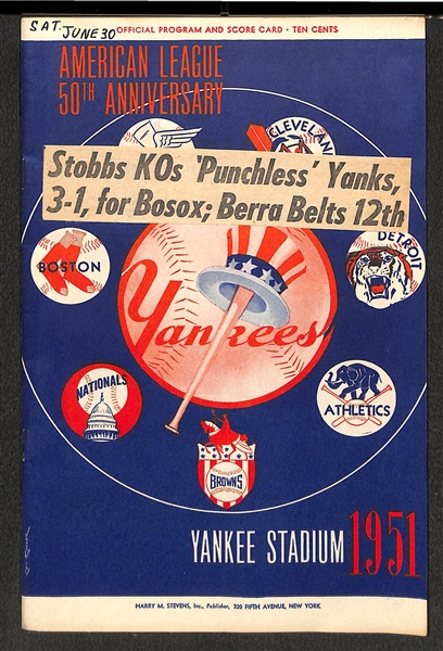Lot of (3) Yankees 1951 Score Cards - Mantle Rookie Year (w. 1 Ticket Stub to Each Game) & Affixed w. News Clippings - 4/29, 6/17, 6/30