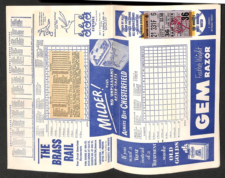 Lot of (3) Yankees 1951 Score Cards - Mantle Rookie Year (w. 1 Ticket Stub to Each Game) & Affixed w. News Clippings - 4/29, 6/17, 6/30