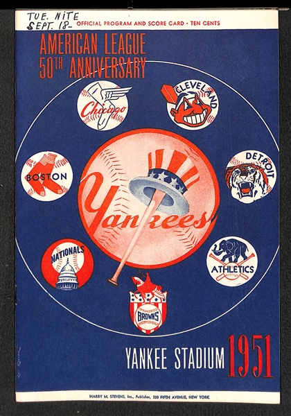 Lot of (6) Yankees 1951 Score Cards - Mantle Rookie Year (w. 1 Ticket Stub to Each Game) - 7/27, 7/29, 8/2, 8/19, 9/16, 9/18