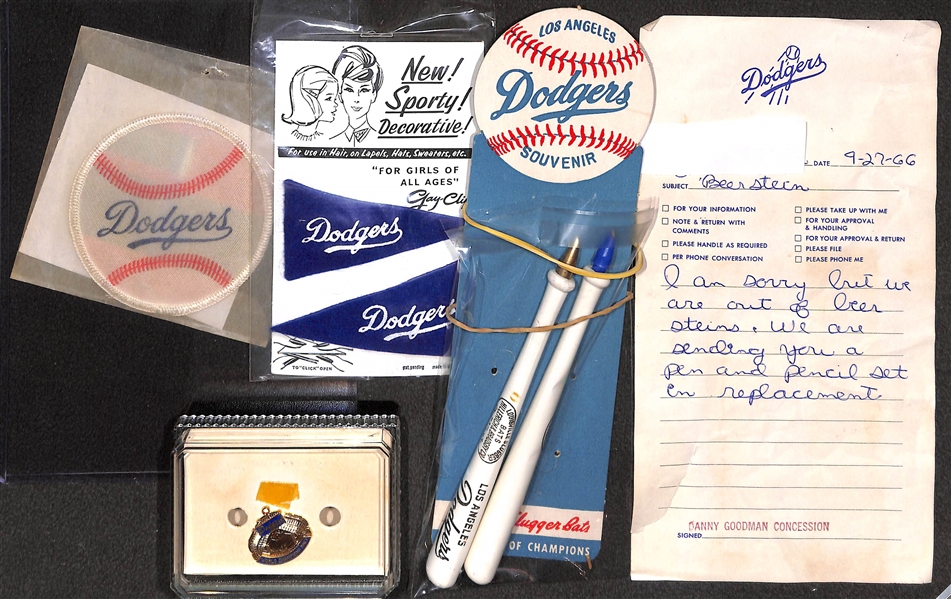 Lot of Early 1960s Dodgers Items w. 1963 World Champions Charm, Pen Set (Loose), Pennant Clips, Decals