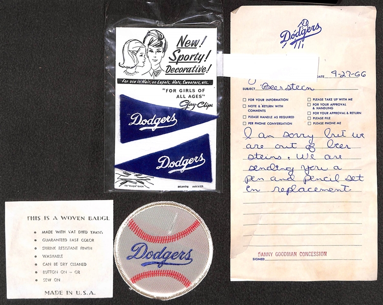 Lot of Early 1960s Dodgers Items w. 1963 World Champions Charm, Pen Set (Loose), Pennant Clips, Decals