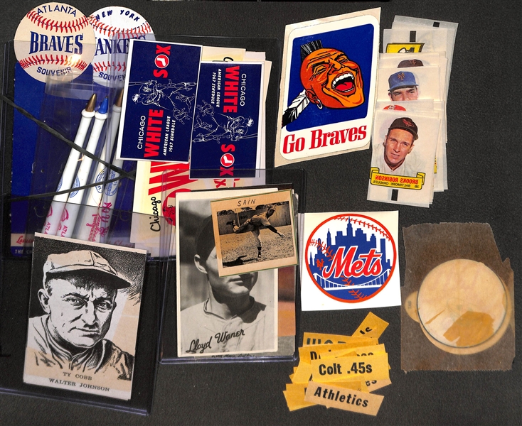 Lot of Baseball Cards & Souvenirs - 1947 Sports Exchange Sain, 1936 R314 L. Waner, 1936 R312 Greenberg, 1960s 8-Card HOF Set, Decals, Pens