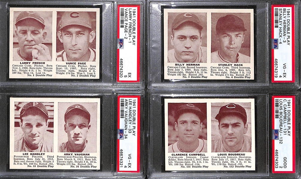 Lot of (4) 1941 Double Play Cards - French/Page (#1-2) PSA 5, B. Herman/Hack PSA 4, Handley/A. Vaughan PSA 4, Campbell/Boudreau PSA 2