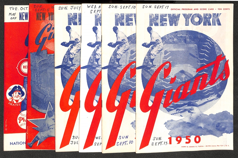Lot of (6) New York Giants 1949-1951 Score Cards (w. 1 Ticket Stub to Each Game) - 9/4/49, 7/30/50, 9/6/50, 9/10/50, 9/17/50, 10/2/51 (Mays Rookie Year)
