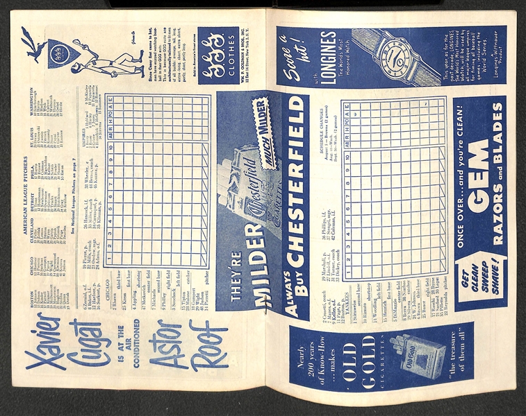 Lot of (4) 1949-1951 Yankee Score Cards, (1) 1964 Yankees Score Card (7/23/64) w. Ticket, (1) 1942 Giants Score Card w. News Clippings Affixed