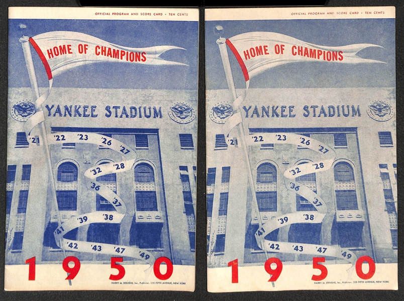 Lot of (4) 1949-1951 Yankee Score Cards, (1) 1964 Yankees Score Card (7/23/64) w. Ticket, (1) 1942 Giants Score Card w. News Clippings Affixed