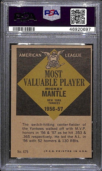 1961 Topps Mickey Mantle MVP #475 Graded PSA 8