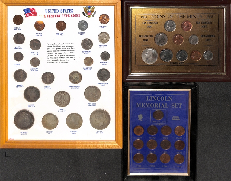 United States 20th Century Type Coins Set (Barber/Liberty/Franklin), 1959-1964D Lincoln Memorial Set & 1968 Coins of the Mints Framed Sets