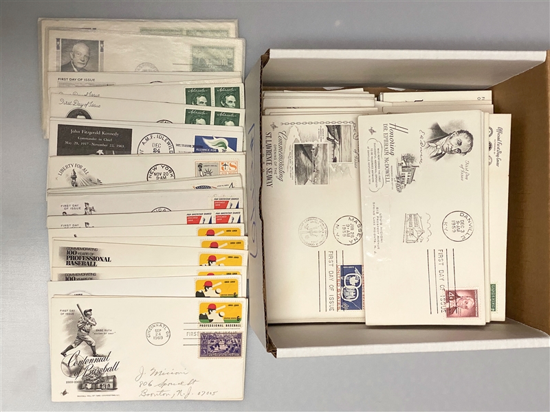 Lot of over (300) 1950s-1960s FDCs w. Babe Ruth, JFK, & Abe Lincoln