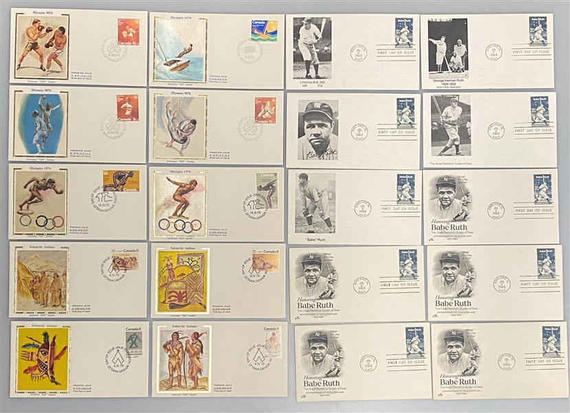 Lot of Over (450) 1970s-1983 FDCs w. (18) Babe Ruth, (6) Jackie Robinson, 1976 Olympics, Space, QE2, +