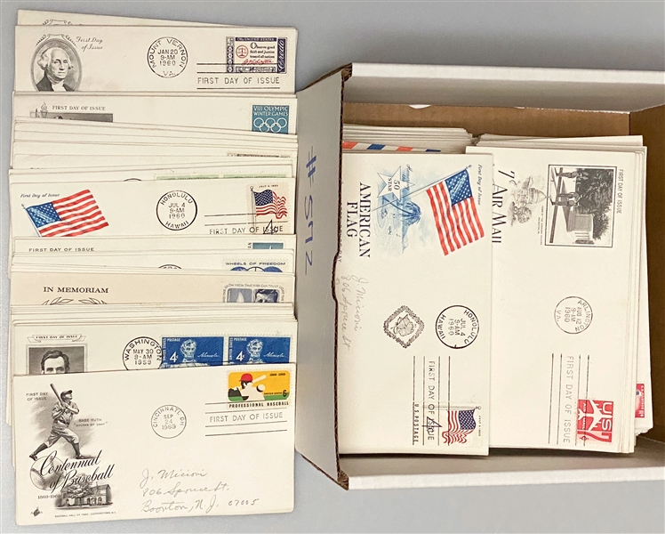 Lot of over (350) 1960s FDCs w. Babe Ruth, James Naismith, 1960 Olymics, JFK, & Abe Lincoln (Inc. 1960 American Creedo Series)