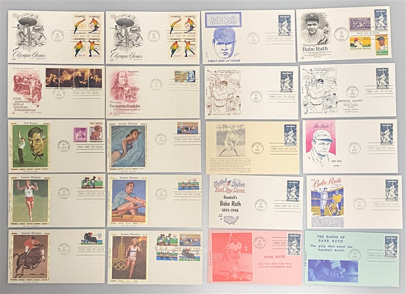 Lot of Over (350) 1970s-1983 FDCs w. (20) Babe Ruth, (10) Jackie Robinson, Presidents, 1976 & 1980 Olympics, Scientists, +