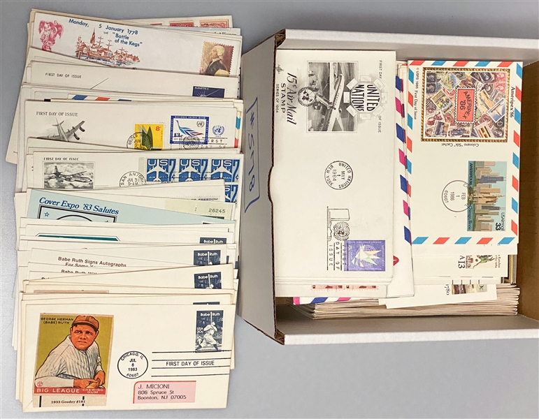 Lot of Over (350) 1940s-1983 FDCs w. (25) Babe Ruth, Abe Lincoln, Eisenhower, Queen Elizabeth, Space, US Battles, US History, Olympics, +
