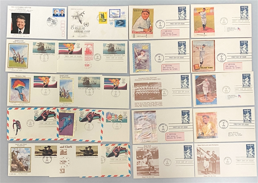 Lot of Over (350) 1940s-1983 FDCs w. (25) Babe Ruth, Abe Lincoln, Eisenhower, Queen Elizabeth, Space, US Battles, US History, Olympics, +