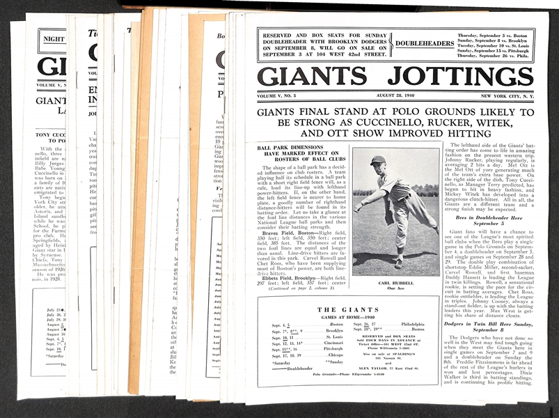 Lot of (29) 1940s New York Giants Giants Jottings Team Newsletters - Includes Many Stories & Covers with Mel Ott & Carl Hubbell 
