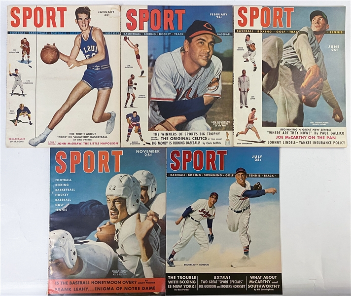 Lot of (13) 1949-1956 Sport Magazines Inc. Covers of Jackie Robinson (1949), DiMaggio (1949), Mantle (1956), Mathewson (1949), Feller (1949), and More!