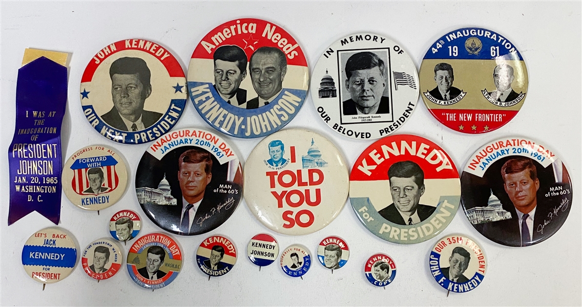 Lot of (20) John F. Kennedy (JFK) 1960s Pins & (1) Ribbon - Inc. (2) Inauguration Day Pins & (1) Inauguration Day Ribbon 