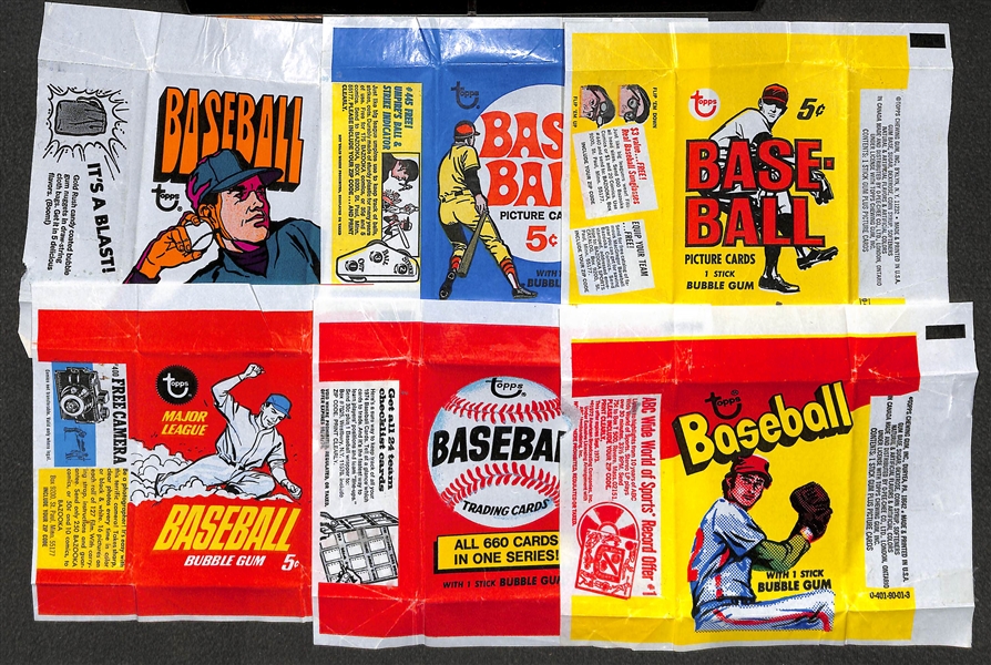 Lot of (6) Rare Topps Baseball Card Wrappers - 1967, 1968, 1969, 1972, 1973, 1974