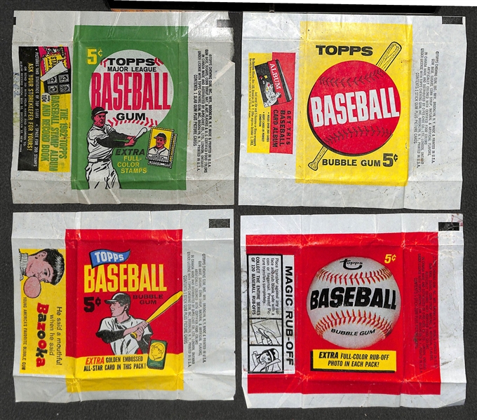 Lot of (4) Rare Topps Baseball Card Wrappers - 1962 Topps, 1963 Topps,1965 Topps, and 1966 Topps