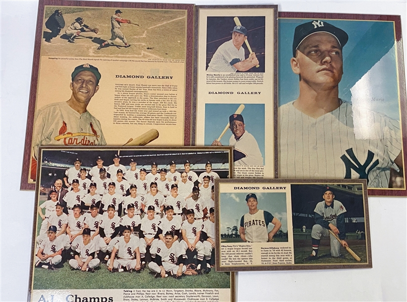 Lot of (5) Rare 1959-1961 New York Press Send-Away Plaques w. Mantle/Mays, Maris, Musial, White Sox Team, and Killebrew/Face