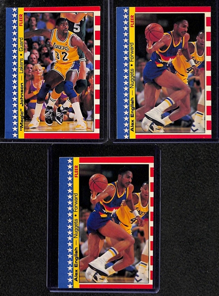 Lot of (15) Fleer Basketball Stickers - (4) 1986-87 (w. Jabbar, 2 Olajuwon), (10) 1987-88 (Bird, Magic, Barkley, +), (1) 1988-89 (I. Thomas)