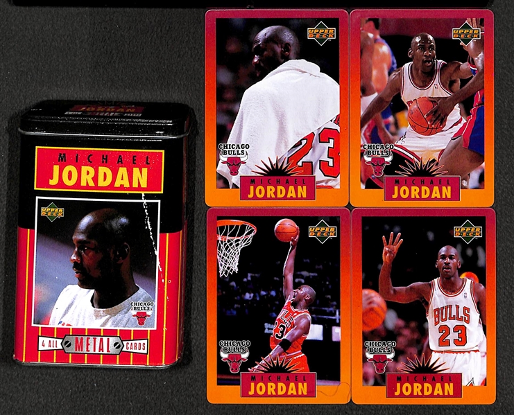 Lot of Michael Jordan Collectibles w. 1999 Upper Deck Sports Illustrated Tribute Michael Jordan 24kt. Encased Card, Sets, Game Cells and Halloween Packs