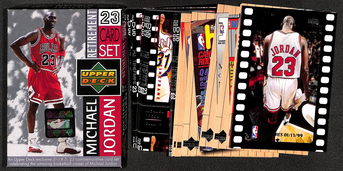 Lot of Michael Jordan Collectibles w. 1999 Upper Deck Sports Illustrated Tribute Michael Jordan 24kt. Encased Card, Sets, Game Cells and Halloween Packs