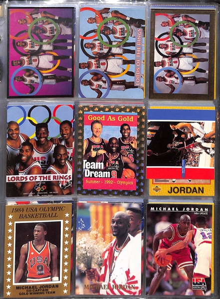 Lot of Over 200 Michael Jordan Cards/Stickers Inc. Team USA Cards, (10) 1989 Coca Cola UNC Jordan Cards, SI Kids Cards, & Many Magazine and Collectible Cards