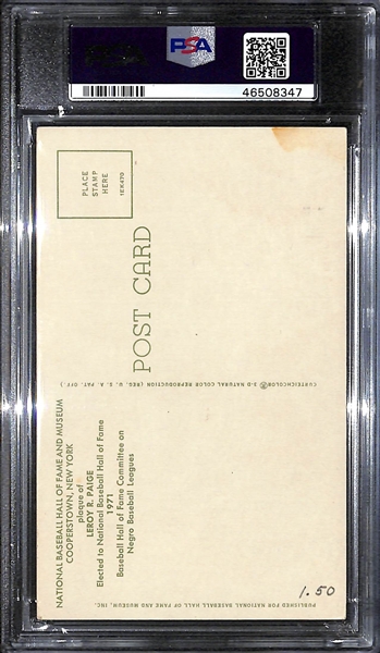 1964 Satchel Paige Signed HOF Plaque Postcard (PSA/DNA) - Postcard Grade 3 MK, Autograph Grade 8