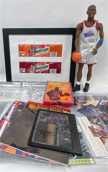 Large Lot of Michael Jordan Collectibles - Space Jam Doll, Uncut Sheet of 8 McDonalds Cards, Neon Light, Framed Gatorade Labels, Oversized Cards, Magazines, +