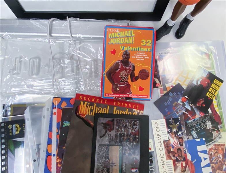 Large Lot of Michael Jordan Collectibles - Space Jam Doll, Uncut Sheet of 8 McDonalds Cards, Neon Light, Framed Gatorade Labels, Oversized Cards, Magazines, +