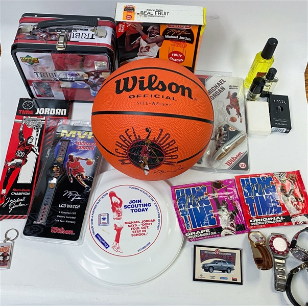 Large Lot of Michael Jordan Collectibles - (2) Hang Time Gum Packs, Cologne, Farley's Gummies Box (Compressed), (7) Jordan or Bulls Watches (3 Sealed in Packages), Boy Scout Frisbee, Wheaties...