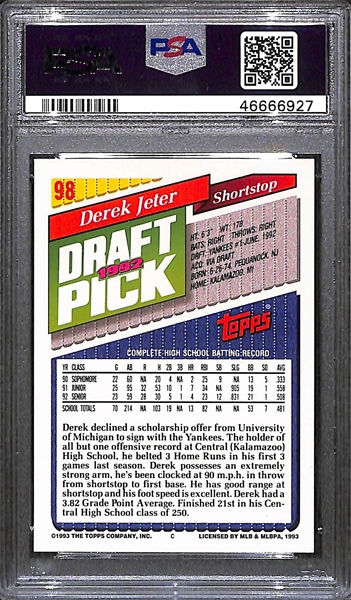 1993 Derek Jeter Topps #98 Rookie Graded PSA 10 GEM MINT (Hot Card!)