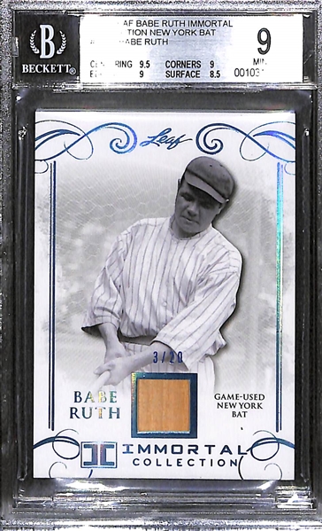 2017 Leaf Babe Ruth Immortal - Yankees Game Used Bat Card Relic Graded BGS 9 Mint (Authentic Piece of Bat Used During His Years w. Yankees) - Numbered  3/20 (Numbered to His Jersey #)