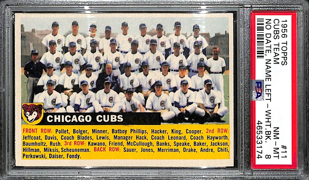 1956 Topps Chicago Cubs #11 (No Date, Name Left, White Back) Graded PSA 8